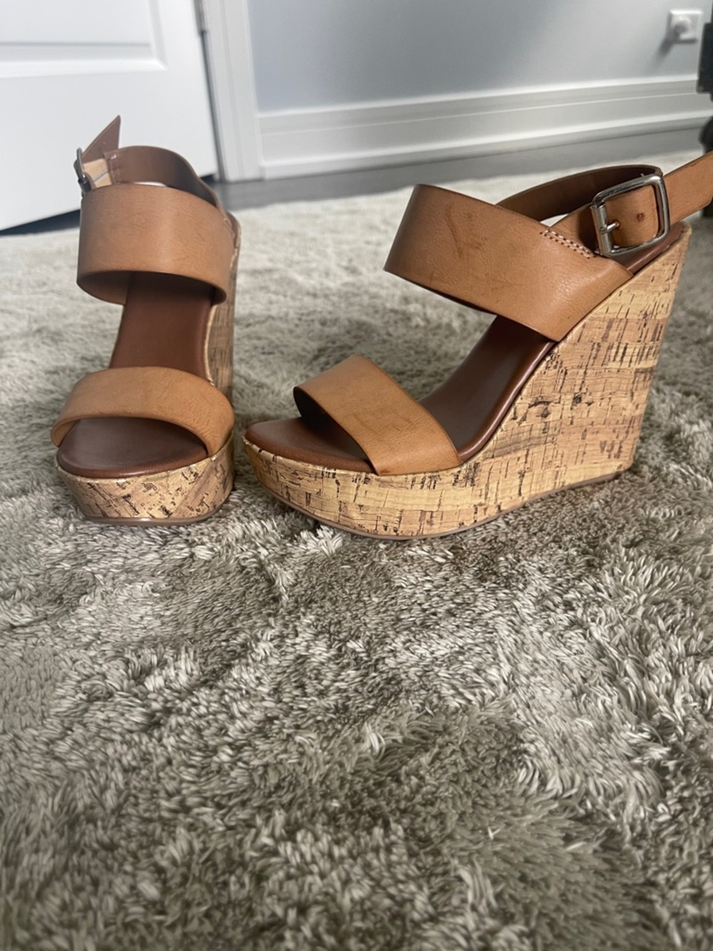 Women’s Tan Cork Wedge Sandals - Strappy Platform Heels